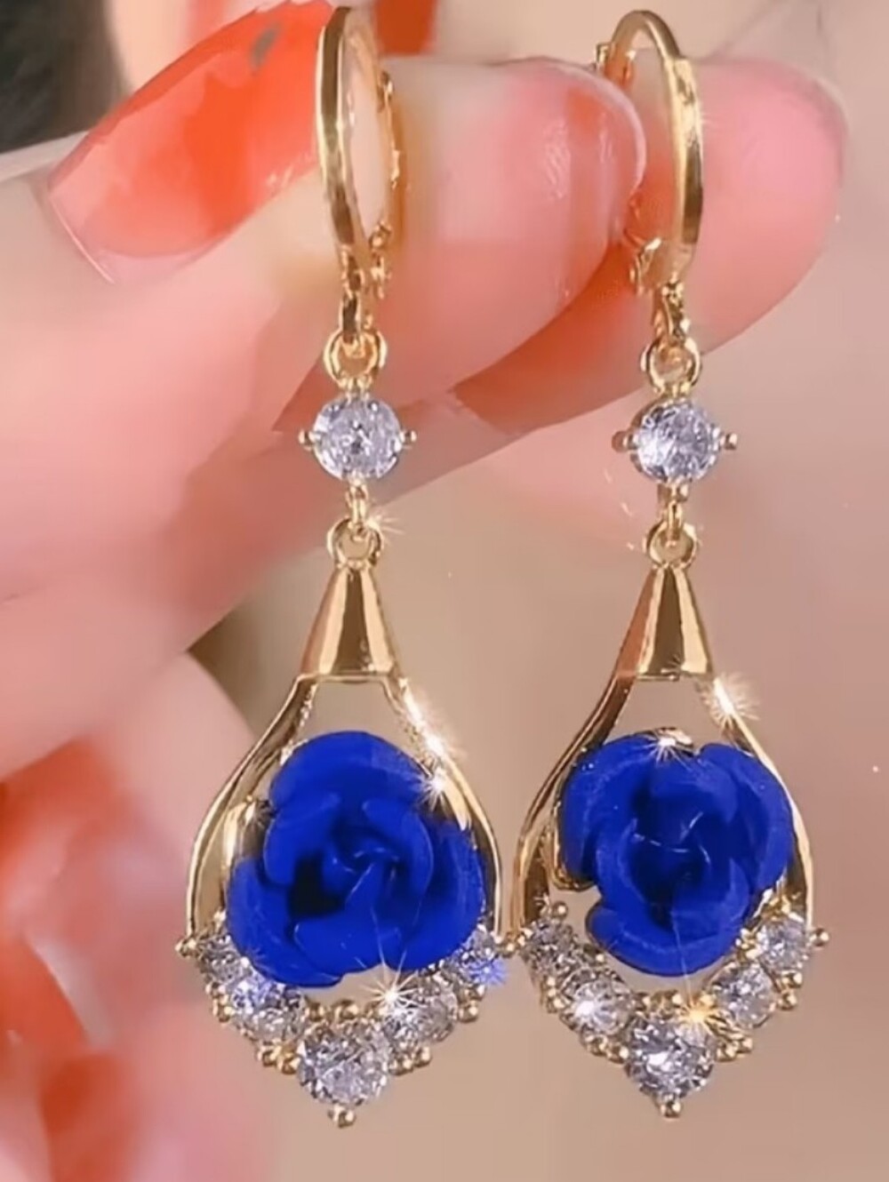 Artisan Gold Floral Drop Earrings with Royal Blue Rose and Clear Stones